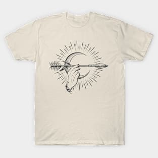 Human Hand Holds Indian Arrow Against Crescent Moon. T-Shirt